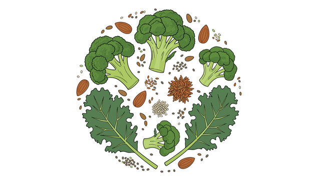 Vibrant broccoli and kale arrangement with almonds and seeds for a healthy lifestyle campaign or a fresh food advertorial project