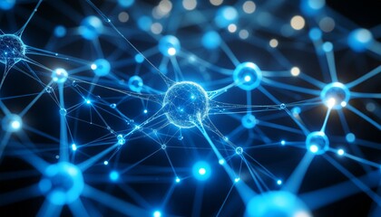 Abstract visualization of a glowing blue neural network or molecular structure representing connectivity and data.