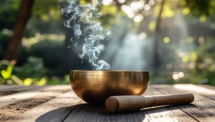 A Tibetan singing bowl with rising smoke on a wooden table in a tranquil, sunlit forest setting.