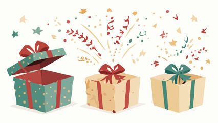 Festive gift boxes with confetti for magical birthdays, holidays, and celebrations, original vector design for creating cheerful, elegant designs