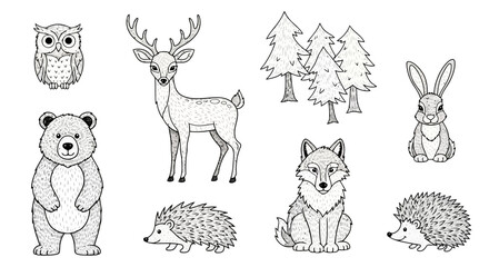 Obraz premium Collection of cute forest animals in thin line art style