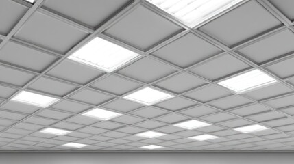A perspective of a modern ceiling with fluorescent lighting