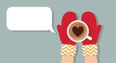 Hands in red mittens holding a warm coffee cup with heart latte art on a plain background for cozy winter communication