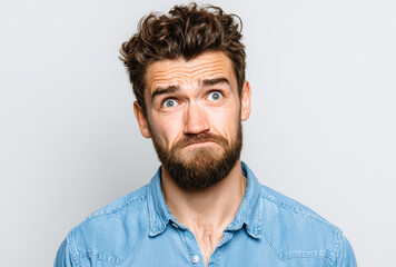 Obraz premium Confused young man with expressive blue eyes, beard, and curly brown hair, wearing a blue denim shirt and shrugging with a questioning face on a light gray background.