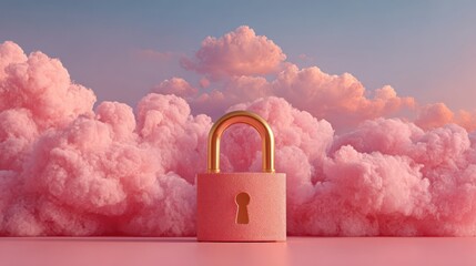 A pink padlock with golden arch and keyhole set against fluffy, pastel-colored clouds