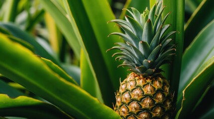 Obraz premium Ripe pineapple growing among green tropical leaves 