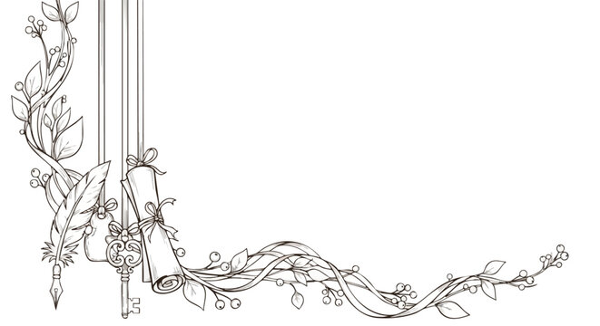 Vintage academic decorative border with quill scroll and key on white background elegant design asset for creative projects