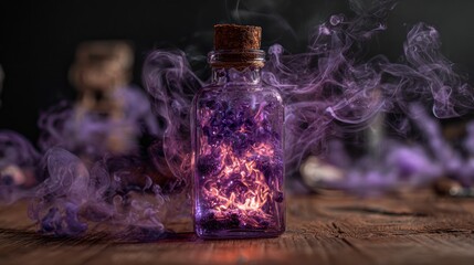 A potion bottle glows with an inner light, purple smoke swirling around on wood