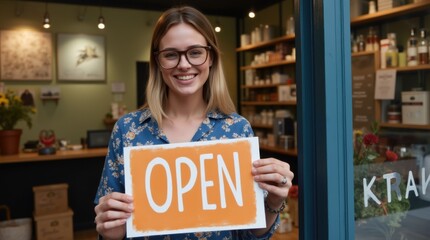 Smiling shop owner holding an open sign at the entrance of a small business with a welcoming interior 
