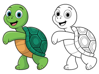Fototapeta premium A cartoon illustration of a happy green turtle walking next to its outline for coloring.