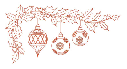 Festive holly branch line art with hanging ornaments on a clean background for winter holiday designs and decorations