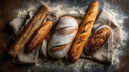 Assorted loaves of artisan bread on burlap