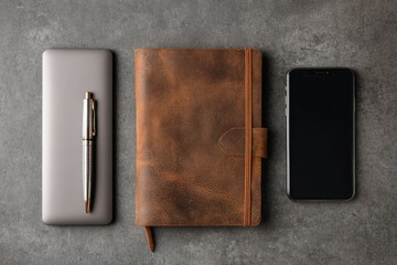 Flat lay of a leather notebook, phone, and tablet