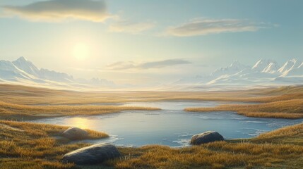 Fototapeta premium Ethereal Dawn Over a Golden Tundra with a Frozen Lake and Snowy Peaks