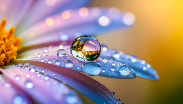 A macro photograph of a water droplet on a purple flower petal reflecting a golden sunset.