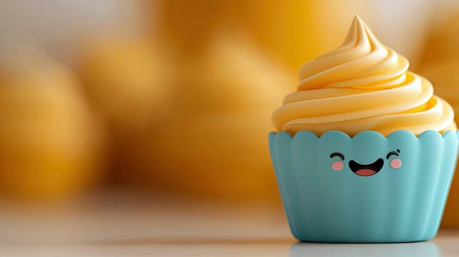 A close-up shot of a cupcake with yellow frosting and a smiling face in a blue cup. The background is blurred and yellow.