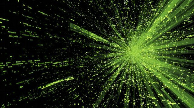Digital data stream explodes outward from a central bright point in cyberspace
