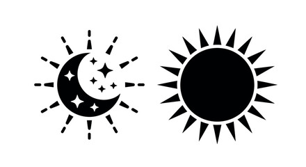 A silhouette of the sun and a crescent moon with stars are depicted side-by-side against a white background.