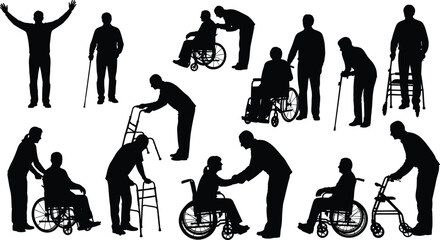 Silhouette people with mobility aids, caregivers assisting wheelchair users, rehabilitation support concept, disability care illustration, medical teamwork