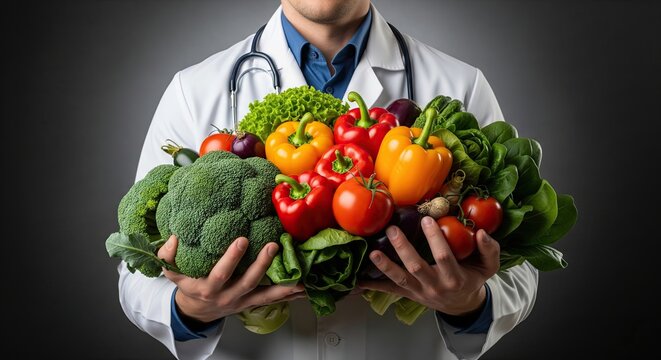 M&eacute;dico nutricionista sosteniendo un mont&oacute;n de verduras frescas y comida saludable concepto de dieta