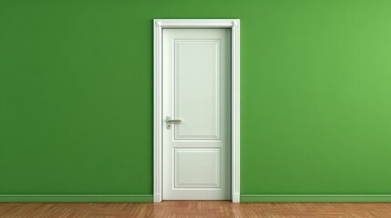 A pristine white door is set against a vibrant green wall, creating a simple, clean, and modern aesthetic