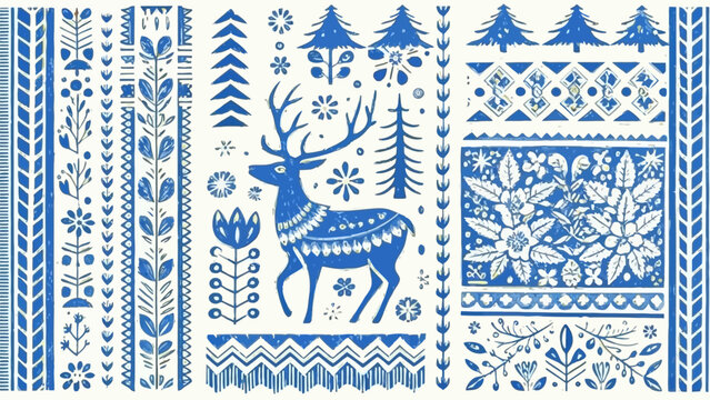 Blue and white folk art pattern with deer, flowers, trees and geometric border designs in a vertical format