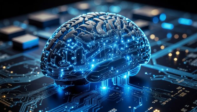 A luminous digital brain integrated with a complex computer circuit board, symbolizing artificial intelligence.