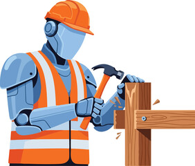 Fototapeta premium Robot builder in safety gear works on wooden plank with hammer. Suitable for construction, technology, futuristic concepts in design projects.