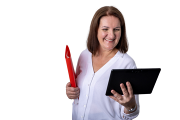 Happy businesswoman using tablet holding red folder on transparent background