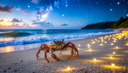 A lone crab on a sandy beach at night under a beautiful starry sky with glowing lights.