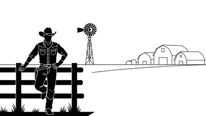Silhouette of a cowboy leaning on a fence with a windmill and farm buildings in the background scene