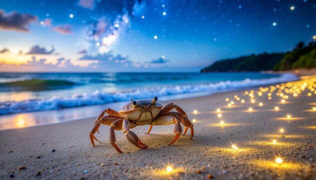 A lone crab on a sandy beach at night under a beautiful starry sky with glowing lights. - Powered by Adobe