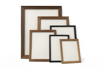 Collection of empty wooden and black picture frames for mockups, isolated with transparent background
