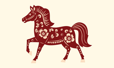 Traditional red Chinese horse illustration for Lunar New Year of the Horse, decorative zodiac animal design