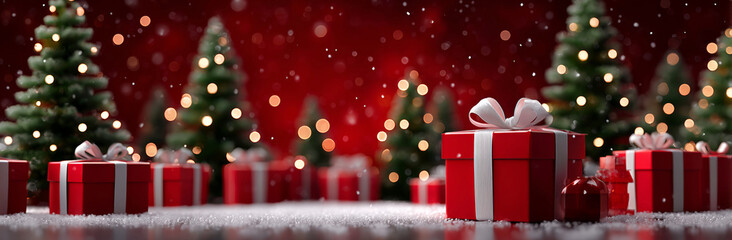 red background with christmas trees and gifts