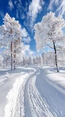 Obraz premium A snow-covered trail winds through a winter forest, trees are covered in frost, under a bright blue sky with clouds.