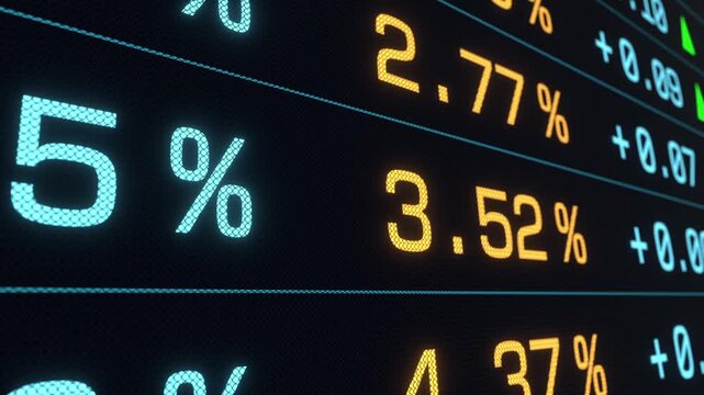 Close up screen with rising government bond yields, interest rates. Table with market data, investment opportunities, financial markets, trading, debt, analysis. 3D animation