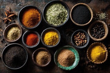 Colorful spice collection in small bowls on rustic surface