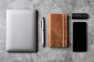 Laptop, notebook, pen, phone on a gray surface