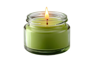 Aromatic Green Candle in Glass Jar with Glowing Flame on a Black Background Creates a Cozy and Relaxing Atmosphere