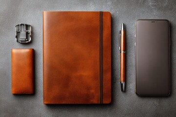 Leather journal, pen, phone, and accessories on a textured surface