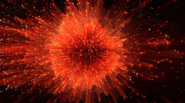 Abstract digital visualization depicts an energetic burst of luminous orange particles radiating outward from a central mass