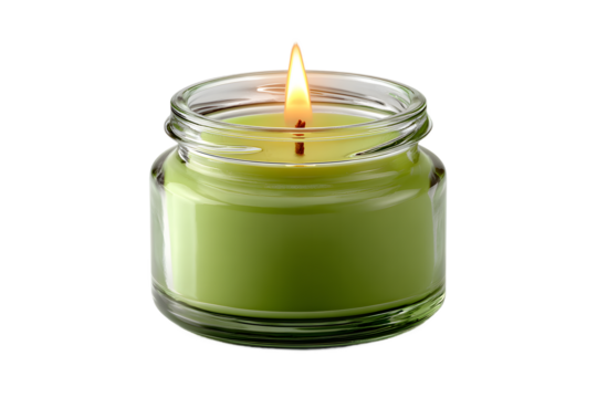 Aromatic Green Candle in Glass Jar with Glowing Flame on a Black Background Creates a Cozy and Relaxing Atmosphere