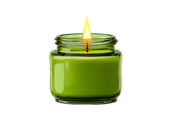 Green Glass Jar Candle with a Bright Flame on a Black Background Aromatic Tranquility