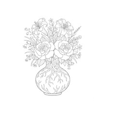 Hand-Drawn Floral Arrangement in Rooted Vase Design Illustration