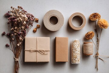 Neutral-toned craft supplies and dried flowers