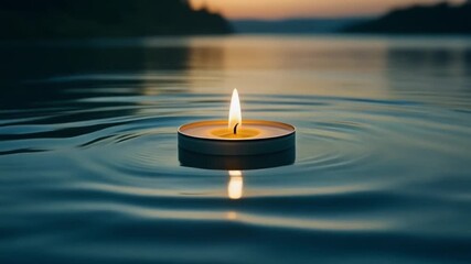 A single lit tea light candle floating peacefully on the calm surface of water with gentle ripples, reflecting the warm glow of a distant sunset. - Powered by Adobe