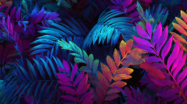 Vibrant close-up of colorful exotic leaves, creating a mesmerizing display of colors. The vivid hues of the foliage bring a touch of tropical paradise