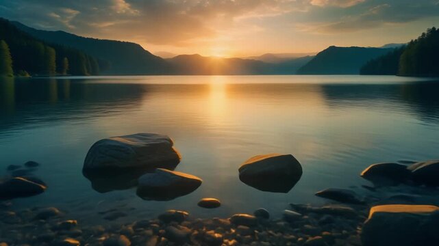 Serene lake at sunset with golden reflections on the water, framed by distant mountains and foreground rocks.