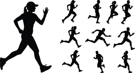 Silhouette runners in motion showcasing athletic jogging, sprinting, fitness training, dynamic movement, active lifestyle, marathon running, outdoor exercise
